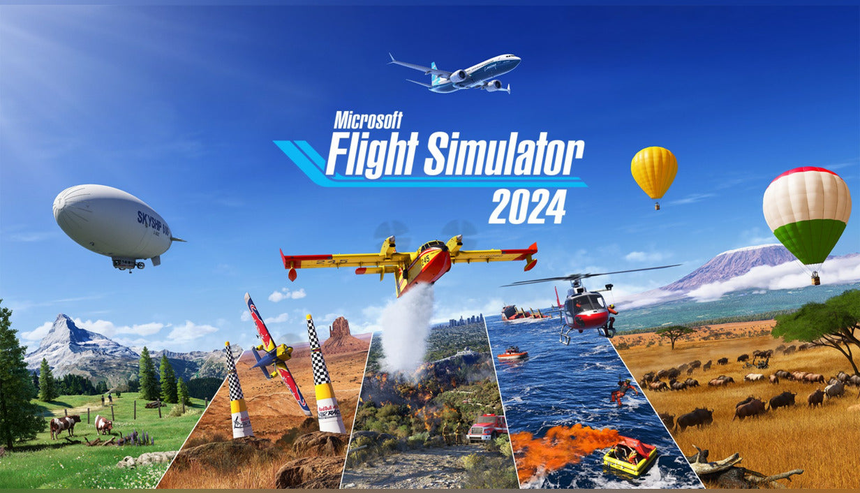 Official cover art for Microsoft Flight Simulator 2024 featuring a high-detail airplane flying over a scenic landscape.