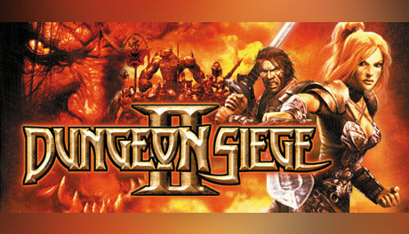 Cover art for Dungeon Siege II, depicting a male swordsman and a female warrior standing ready against a fiery background swarming with monstrous enemies.