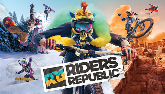 Official cover art for Riders Republic featuring multiple athletes performing extreme sports in a vast open-world setting.