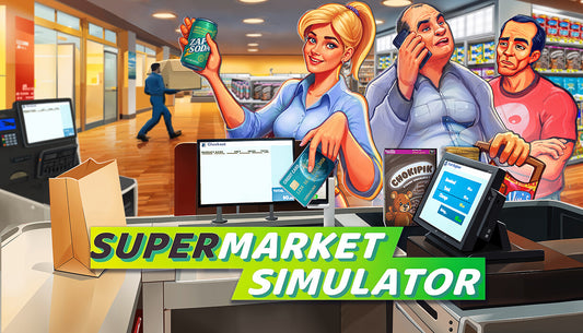 Official cover art for the simulation game Supermarket Simulator featuring a grocery store aisle and a shopping cart.