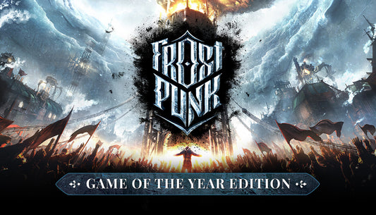 Official cover art for Frostpunk: Game of the Year Edition featuring a person in a heavy coat amidst a frozen cityscape.
