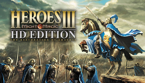 Official cover art for Heroes of Might & Magic III - HD Edition featuring high-fantasy characters and strategic gameplay elements.