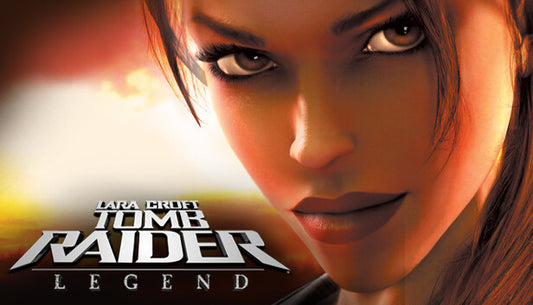 Cover art for Tomb Raider: Legend, featuring a close-up portrait of Lara Croft staring intently ahead against a warm, sunlit background.
