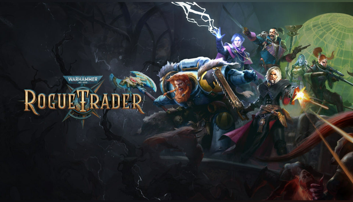 Cover art for Warhammer 40,000: Rogue Trader, illustrating a diverse crew of sci-fi warriors, including a Space Marine and a Sister of Battle, engaged in a desperate firefight.