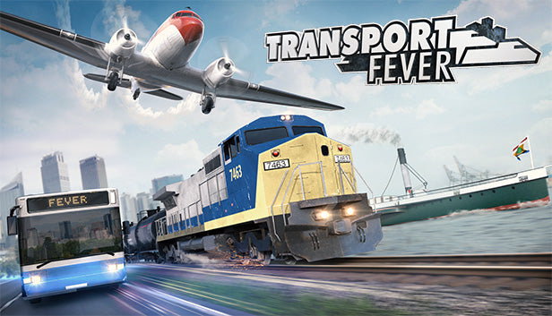 Cover art for the transport simulation game Transport Fever featuring a steam locomotive and a modern high-speed train.