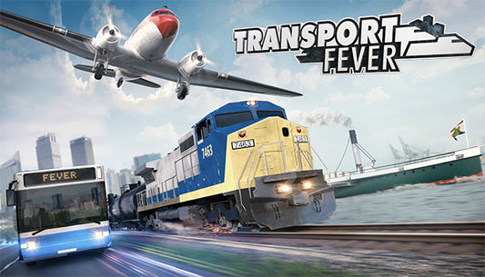 Cover art for the transport simulation game Transport Fever featuring a steam locomotive and a modern high-speed train.