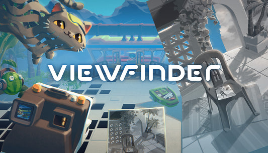 Official cover art for the puzzle adventure game Viewfinder featuring surreal architecture and perspective-based landscapes.