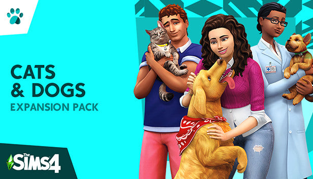 Official cover art for The Sims 4 Cats and Dogs expansion pack, featuring a variety of dogs and cats alongside a Sim.