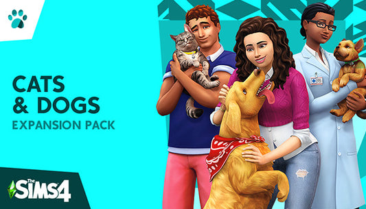 Official cover art for The Sims 4 Cats and Dogs expansion pack, featuring a variety of dogs and cats alongside a Sim.
