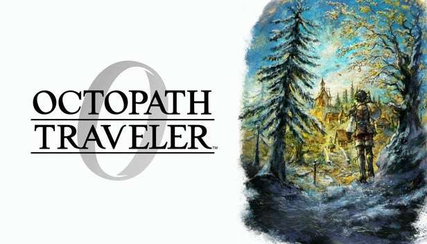 Official cover art for OCTOPATH TRAVELER 0 featuring eight pixel-art characters standing around a glowing golden emblem.