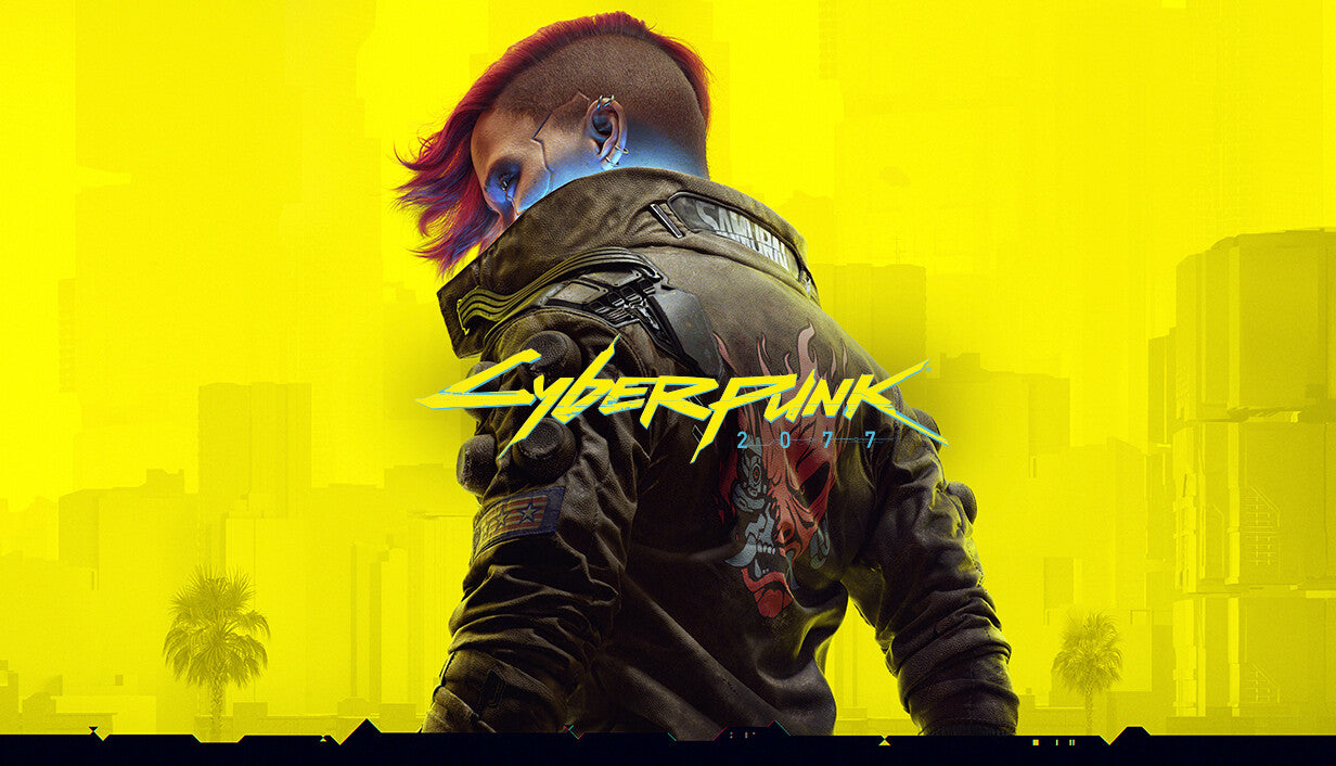 Official cover art for the action RPG Cyberpunk 2077 featuring a character against a vibrant yellow background.