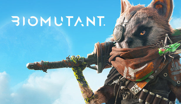 Official cover art for the action RPG Biomutant featuring a small, anthropomorphic creature with a sword and bionic eye.
