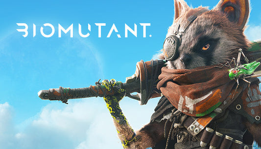Official cover art for the action RPG Biomutant featuring a small, anthropomorphic creature with a sword and bionic eye.