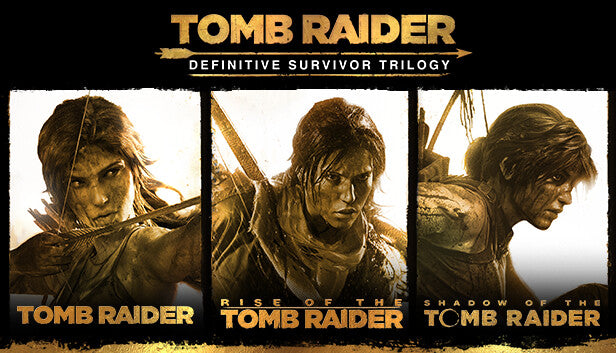 Official cover art for Tomb Raider Definitive Survivor Trilogy featuring Lara Croft in an action-adventure setting.