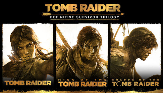 Official cover art for Tomb Raider Definitive Survivor Trilogy featuring Lara Croft in an action-adventure setting.