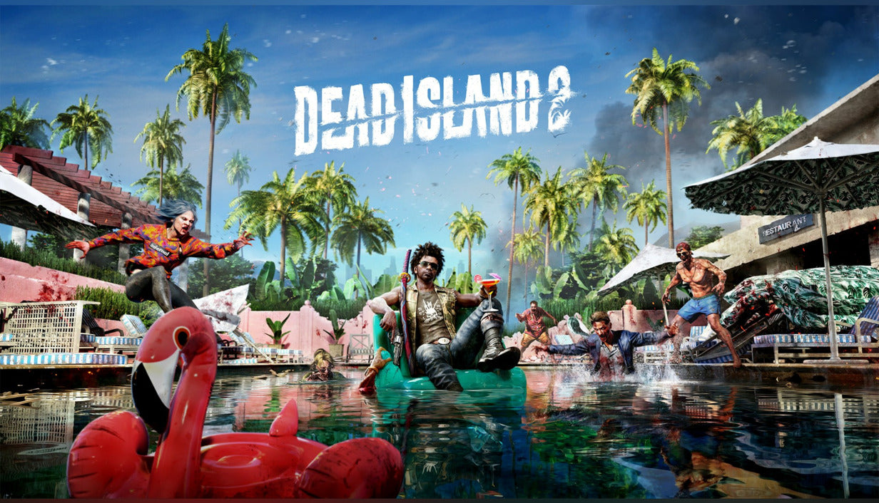 Official cover art for the action-horror game Dead Island 2 featuring a palm tree silhouette against a blood-red sky.