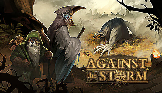 Official cover art for Against the Storm featuring a fantasy settlement under a dark, rainy sky.