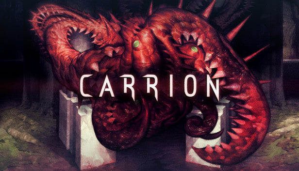 Official cover art for the horror game CARRION featuring a red amorphous biomass with teeth and tentacles.