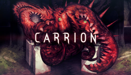 Official cover art for the horror game CARRION featuring a red amorphous biomass with teeth and tentacles.