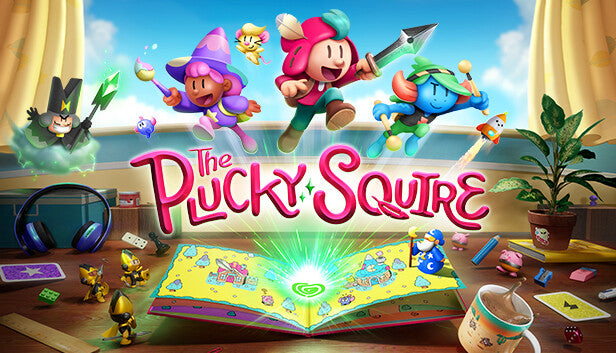 Official cover art for the action-adventure game The Plucky Squire featuring colorful characters in a 2D and 3D world.
