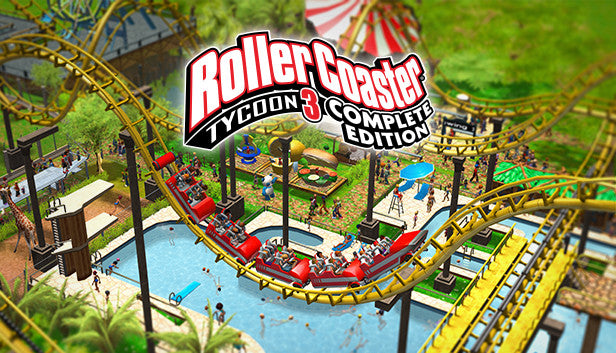 Official cover art for the simulation game RollerCoaster Tycoon 3: Complete Edition featuring a vibrant theme park.