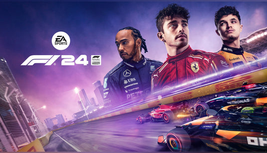 Official cover art for the racing game F1 24 featuring high-speed Formula 1 cars on a professional track.