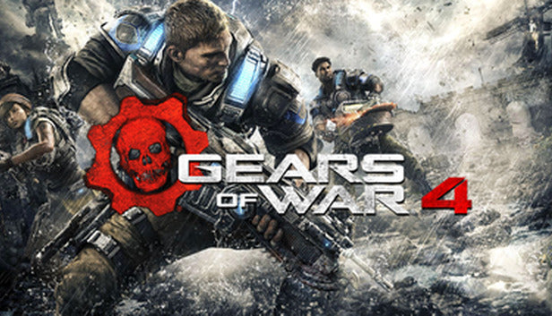Official Gears of War 4 cover art with the crimson skull gear logo and protagonist JD Fenix leading a squad in a stormy landscape.