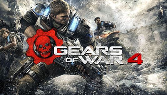 Official Gears of War 4 cover art with the crimson skull gear logo and protagonist JD Fenix leading a squad in a stormy landscape.