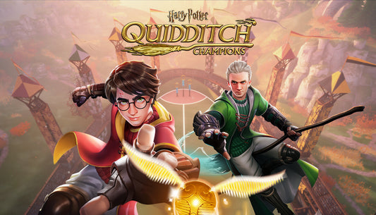 Official cover art for the sports game Harry Potter: Quidditch Champions featuring characters flying on broomsticks.