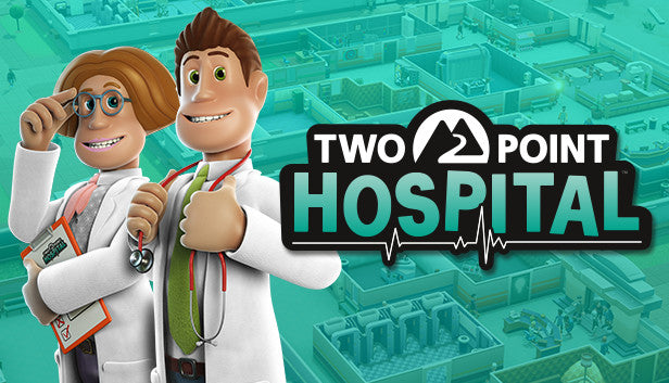 Official cover art for the simulation game Two Point Hospital featuring various cartoon medical staff and patients.
