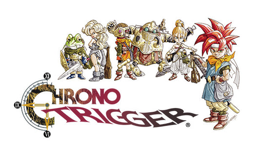 Official Chrono Trigger cover art showing the classic logo with clock face next to the main cast of retro RPG characters.