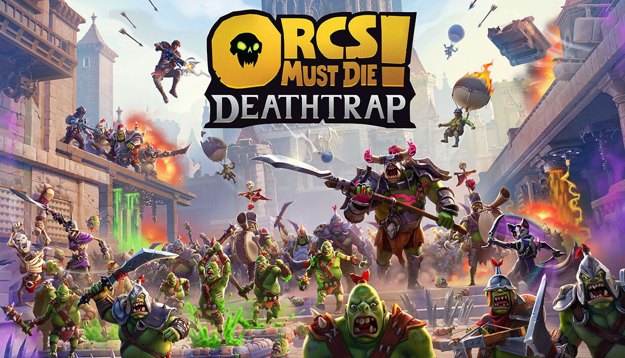 Cover art for Orcs Must Die! Deathtrap, illustrating a chaotic, colorful battle where heroes defend a fortified castle from a massive charging horde of green orcs.