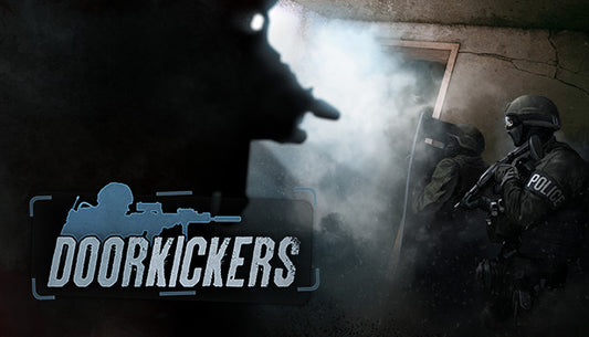Tactical planning and real-time strategy game art for Door Kickers featuring a specialized police unit in a top-down view.