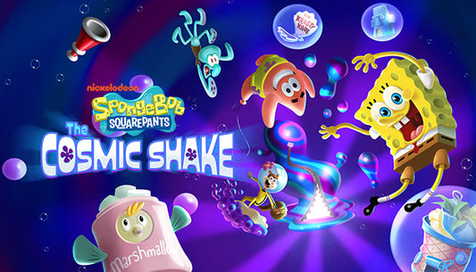 Official cover art for SpongeBob SquarePants: The Cosmic Shake featuring SpongeBob and Patrick in a colorful 3D platformer world.