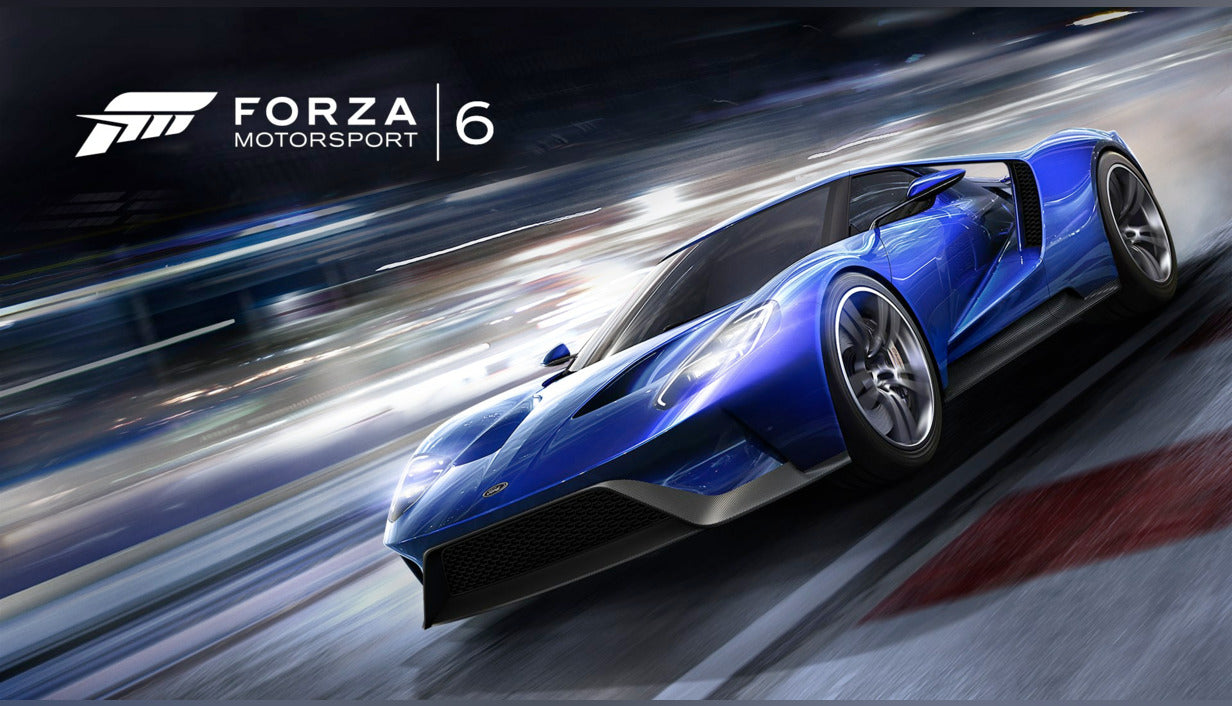 Official cover art for Forza Motorsport 6 on XBOX One featuring the sleek blue Ford GT supercar on a racetrack.