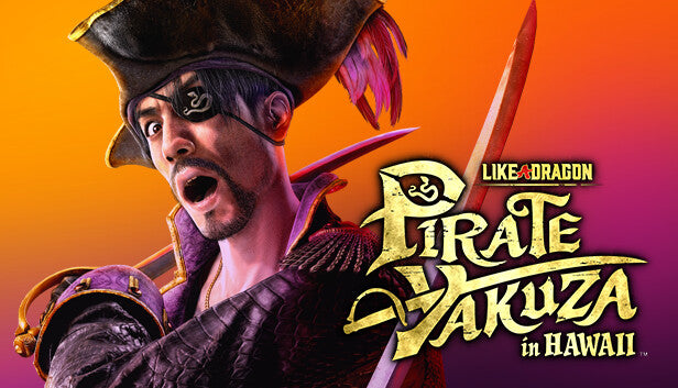 Official cover art for the action-adventure game Like a Dragon: Pirate Yakuza in Hawaii featuring Goro Majima as a pirate.