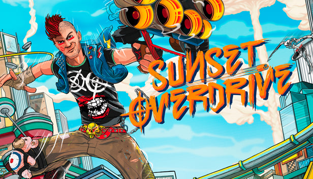 Official cover art for the action game Sunset Overdrive featuring a stylized, colorful character in a post-apocalyptic setting.