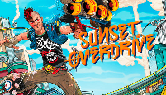 Official cover art for the action game Sunset Overdrive featuring a stylized, colorful character in a post-apocalyptic setting.