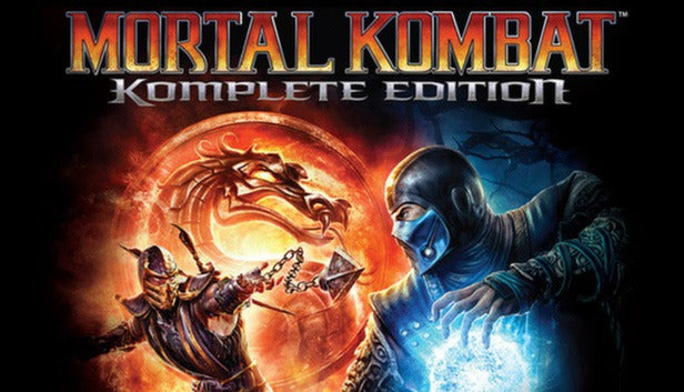 Official cover art for Mortal Kombat Komplete Edition featuring iconic fighters Scorpion and Sub-Zero in a battle stance.