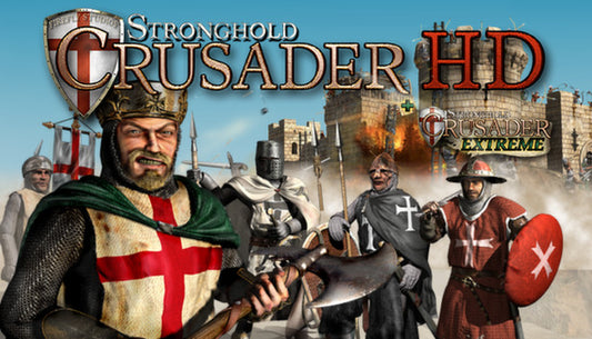 Official cover art for Stronghold Crusader HD featuring a medieval desert siege with soldiers scaling stone fortifications.