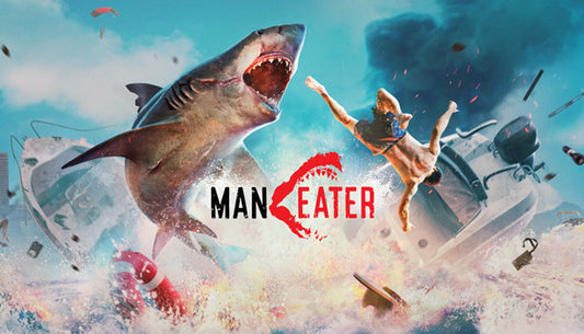 Official cover art for the action RPG Maneater featuring a large shark leaping from the water.