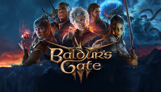 Official cover art for Baldur's Gate 3 featuring a group of diverse fantasy adventurers standing together.