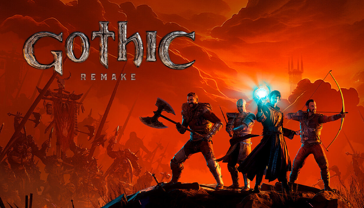 Cover art for Gothic 1 Remake, showcasing four classic heroes—a fierce warrior with a double-bitted battle axe, a tattooed fighter holding a blade, a mage summoning a glowing blue energy orb, and an archer drawing his bow—standing together on a rocky ridge against a dramatic, fiery orange sky with silhouetted orc forces looming in the background.