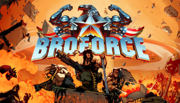 Action-packed pixel art cover for Broforce featuring Rambo-style characters with explosions and the American flag.