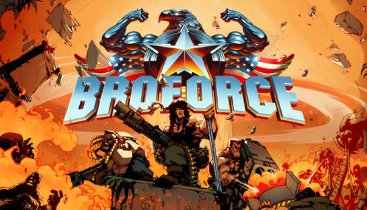 Action-packed pixel art cover for Broforce featuring Rambo-style characters with explosions and the American flag.