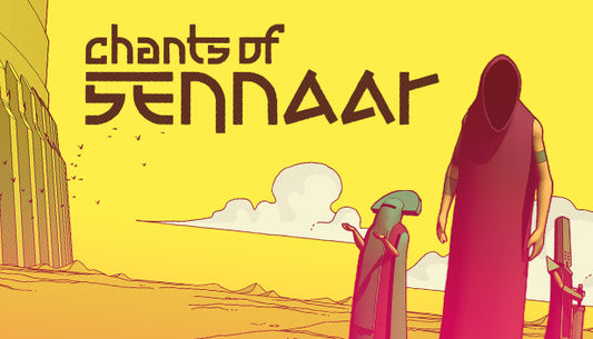Official cover art for Chants of Sennaar featuring stylized architectural towers and figures in a vibrant, minimalist art style.