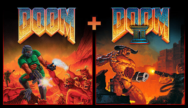 Official cover art for DOOM + DOOM II PC Steam key bundle featuring classic sci-fi first-person shooter action graphics.