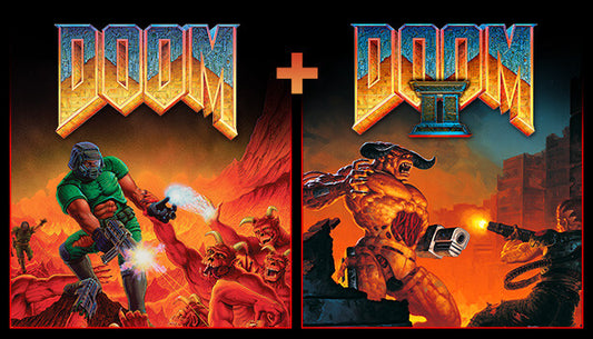 Official cover art for DOOM + DOOM II PC Steam key bundle featuring classic sci-fi first-person shooter action graphics.