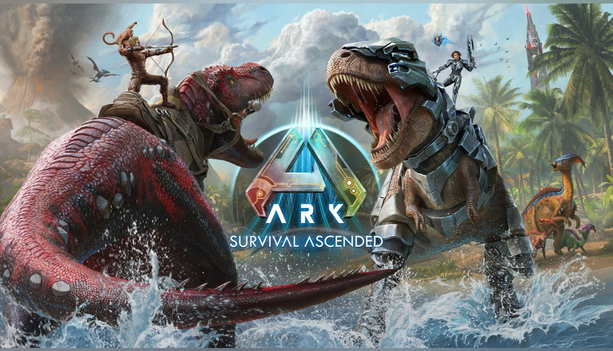 Official cover art for the survival game ARK: Survival Ascended featuring a character and dinosaurs in a prehistoric landscape.
