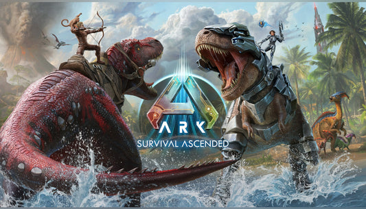 Official cover art for the survival game ARK: Survival Ascended featuring a character and dinosaurs in a prehistoric landscape.